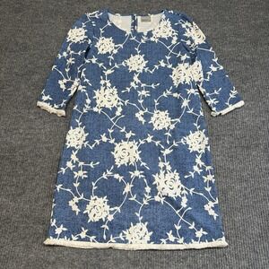 Vero Moda Women Medium Blue White Floral Mini Dress Fringe Trim